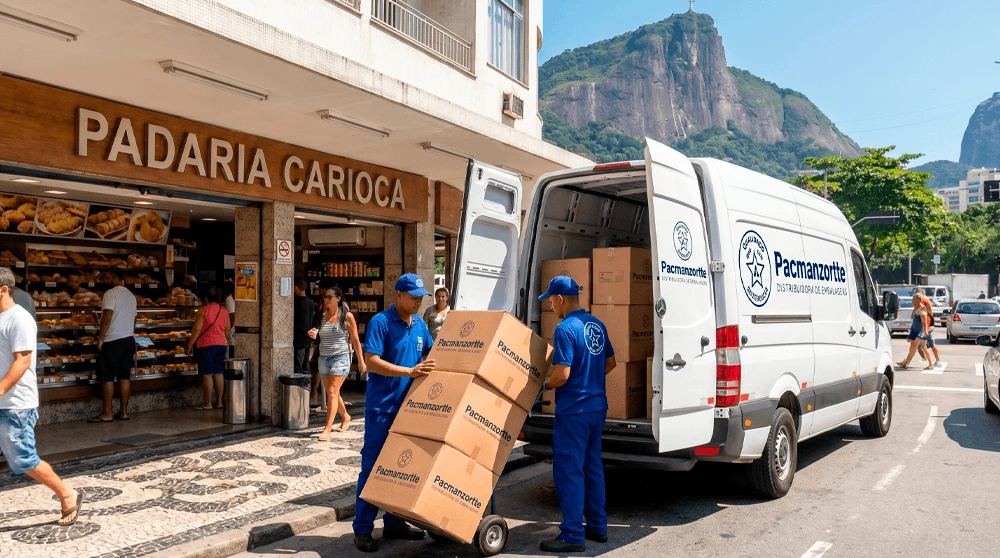 Entrega da Pacmanzortte em padaria carioca com o Cristo ao fundo