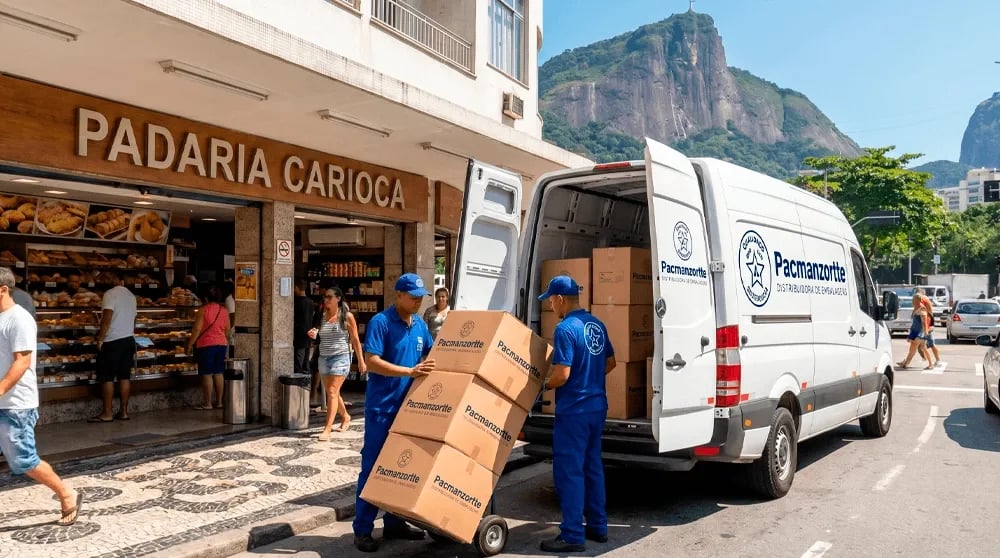 Entrega da Pacmanzortte em padaria carioca com o Cristo ao fundo